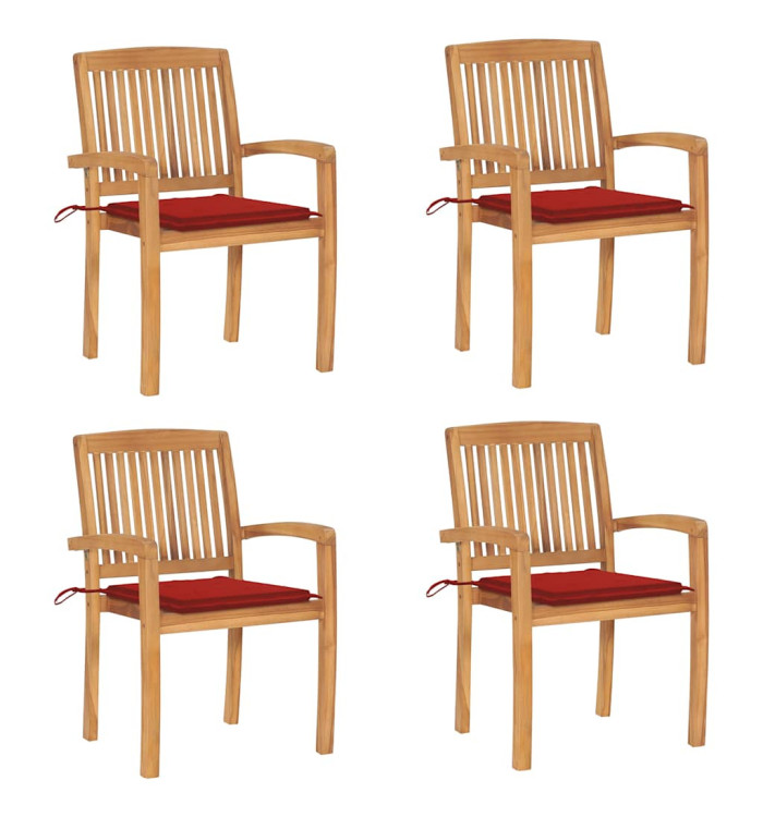 Chaises de jardin empilables avec coussins lot de 4 Teck solide | Mobilier & Déco