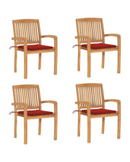 Chaises de jardin empilables avec coussins lot de 4 Teck solide | Mobilier & Déco