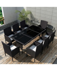 Ensemble à manger d'extérieur 9pcs coussins résine tressée noir | Mobilier & Déco