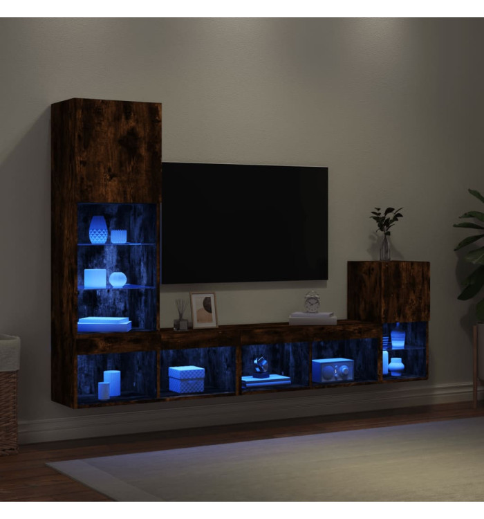 Unités murales TV avec LED 4 pcs chêne fumé bois d'ingénierie | Mobilier & Déco