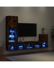 Unités murales TV avec LED 4 pcs chêne fumé bois d'ingénierie | Mobilier & Déco