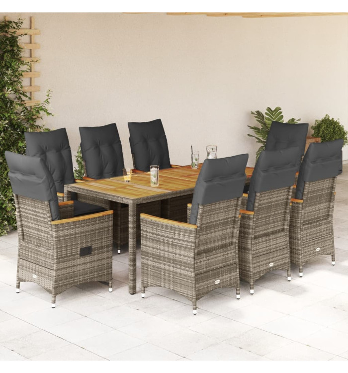 Ensemble à manger de jardin 9 pcs coussins gris résine tressée | Mobilier & Déco