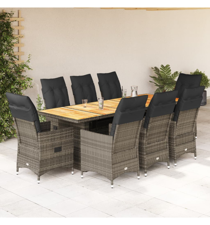 Ensemble de bistro de jardin 9 pcs coussins gris poly rotin | Mobilier & Déco