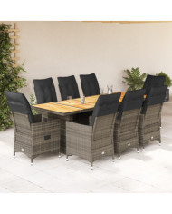 Ensemble de bistro de jardin 9 pcs coussins gris poly rotin | Mobilier & Déco
