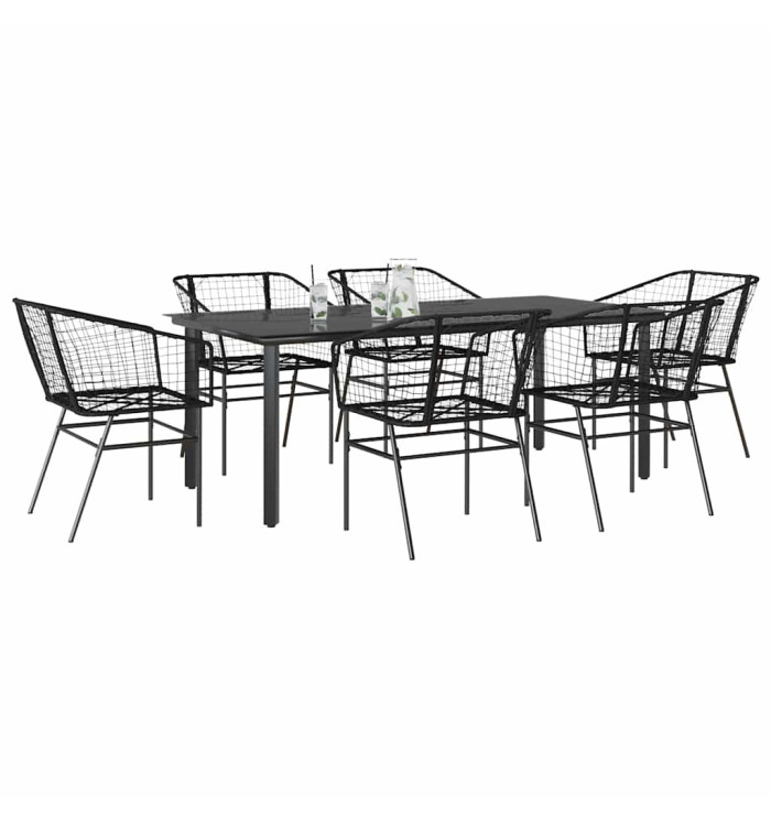Ensemble à manger de jardin 7pcs noir poly rotin verre | Mobilier & Déco