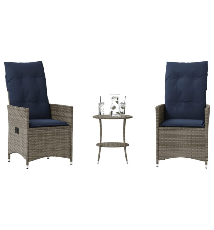 Ensemble bistro 3 pièces avec coussins en polyrotin gris | Mobilier & Déco