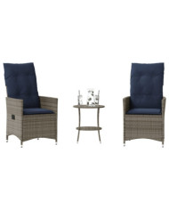 Ensemble bistro 3 pièces avec coussins en polyrotin gris | Mobilier & Déco