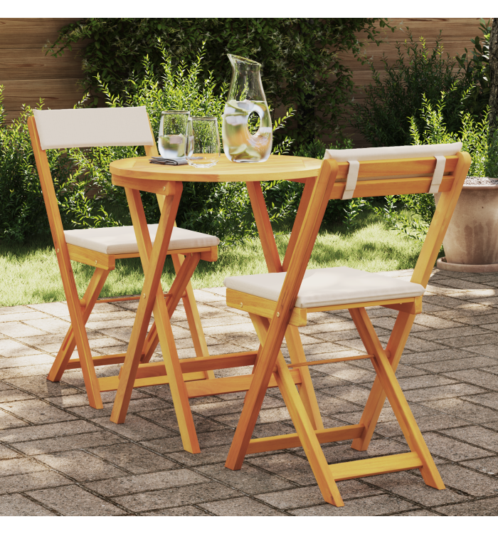 Ensemble Bistro Pliable 3 Pièces avec Coussins en Bois d'Acacia Solide | Mobilier & Déco