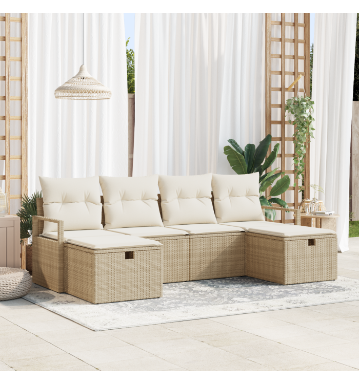 Ensemble de Canapés de Jardin 6 Pièces avec Coussins Beige Poly Rattan | Mobilier & Déco