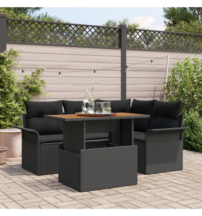 Ensemble de canapé de jardin 5 pièces avec coussins Noir Poly Rotin | Mobilier & Déco