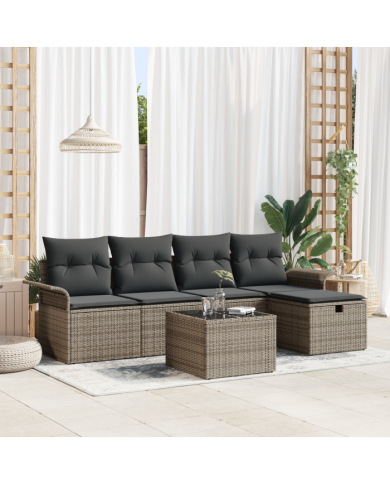 Ensemble de canapés de jardin 6 pièces avec coussins gris en poly rotin | Mobilier & Déco
