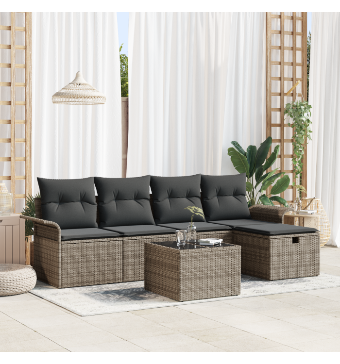 Ensemble de canapés de jardin 6 pièces avec coussins gris en poly rotin | Mobilier & Déco