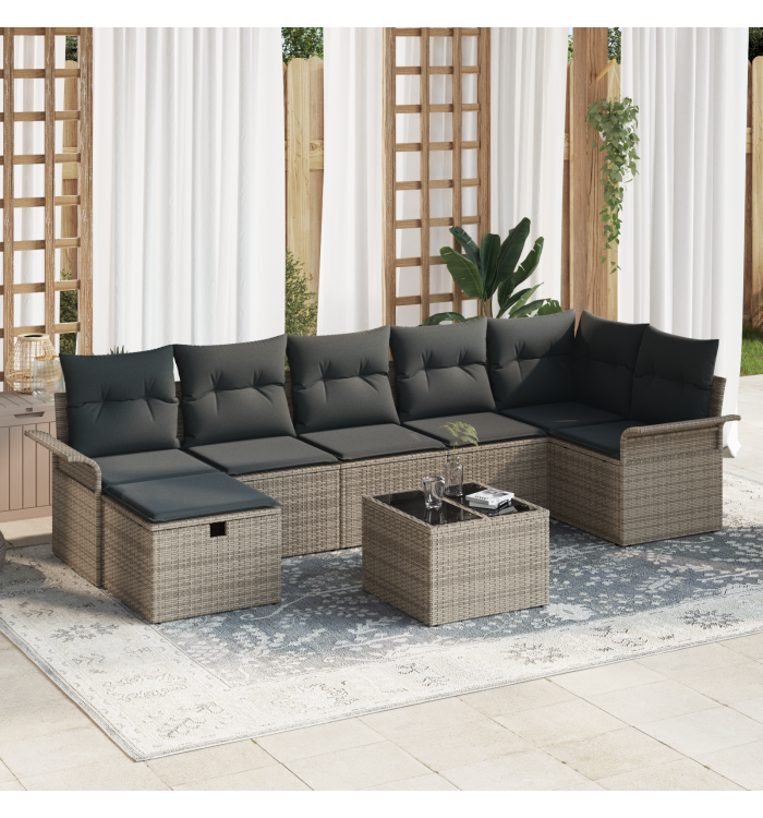 Canapé de Jardin 8 Pièces avec Coussins Rattan Poly Gris , Canapé de Jardin 2 Places avec Rangement et Coussins Rattan Poly Gris