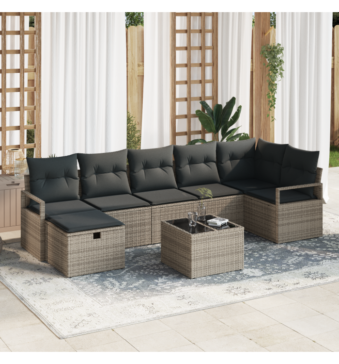 Ensemble de Canapé de Jardin 8 Pièces avec Coussins Gris Poly Rattan, Canapé de Jardin 2 Places avec Coussins Gris Poly Rattan