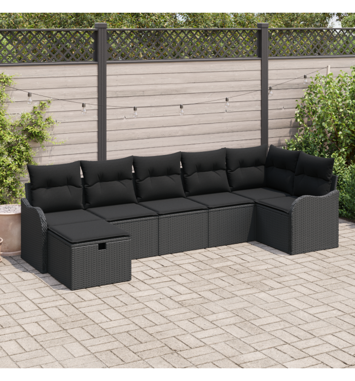 Ensemble de Canapé de Jardin 7 Pièces avec Coussins Noir Poly Rattan, Canapé de Jardin 2 Places avec Coussins Noir Poly Rattan |
