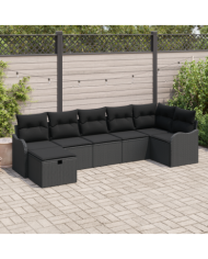 Ensemble de Canapé de Jardin 7 Pièces avec Coussins Noir Poly Rattan, Canapé de Jardin 2 Places avec Coussins Noir Poly Rattan |