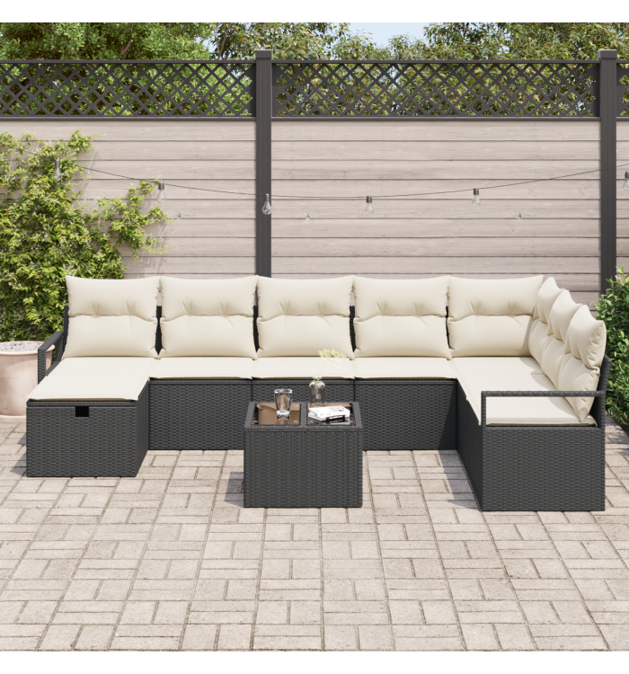 Ensemble de Canapé de Jardin 9 Pièces avec Coussins en Poly Rattan Noir | Mobilier & Déco