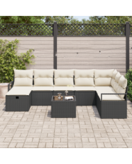 Ensemble de Canapé de Jardin 9 Pièces avec Coussins en Poly Rattan Noir | Mobilier & Déco