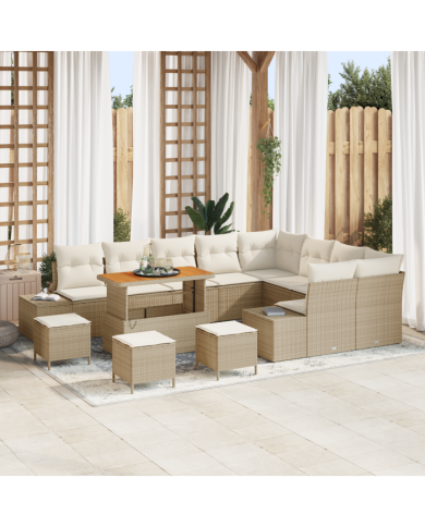Ensemble de canapé de jardin de 13 pièces avec coussins en beige en poly rattan et acacia | Mobilier & Déco