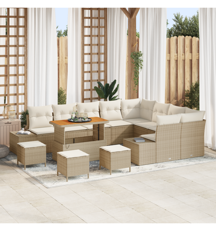 Ensemble de canapé de jardin de 13 pièces avec coussins en beige en poly rattan et acacia | Mobilier & Déco