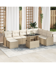 Ensemble de Canapé de Jardin 9 Pièces avec Coussins Beige en Rotin Poly | Mobilier & Déco