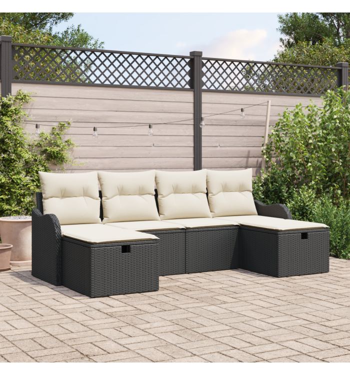 Ensemble de Canapé de Jardin 6 Pièces avec Coussins Noir Rotin Poly, Canapé de Jardin 2 Places avec Coussins Noir Rotin Poly |