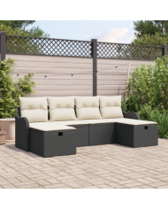 Ensemble de Canapé de Jardin 6 Pièces avec Coussins Noir Rotin Poly, Canapé de Jardin 2 Places avec Coussins Noir Rotin Poly |