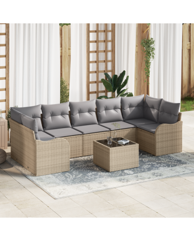 Ensemble de sofa de jardin 8 pièces avec coussins Beige Poly Rotin, Sofa de jardin 2 places avec coussins Beige Poly Rotin | Mob