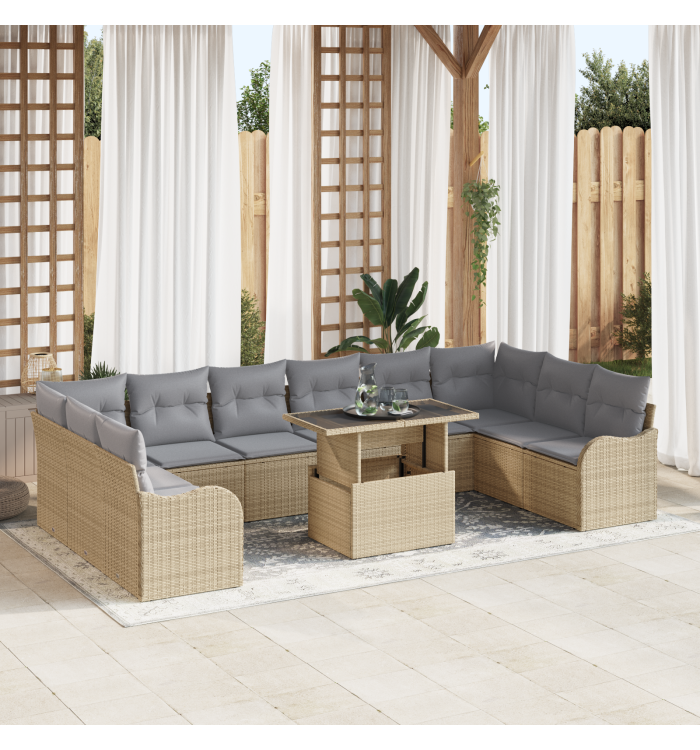 Ensemble de salon de jardin 11 pièces avec coussins Beige Rattan Poly | Mobilier & Déco