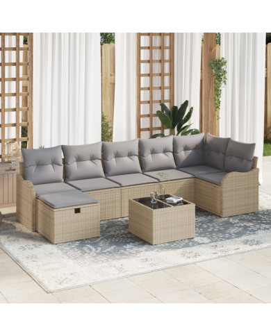Ensemble de canapé de jardin 8 pièces avec coussins beige poly rotin , Canapé de jardin 2 places avec coussins beige poly rotin 