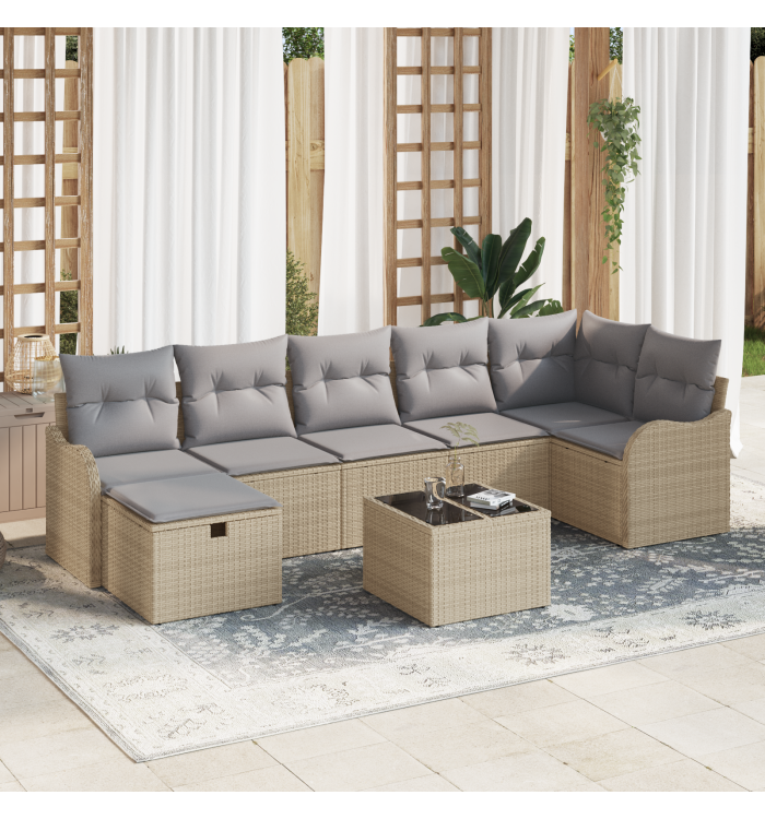 Ensemble de canapé de jardin 8 pièces avec coussins beige poly rotin , Canapé de jardin 2 places avec coussins beige poly rotin 