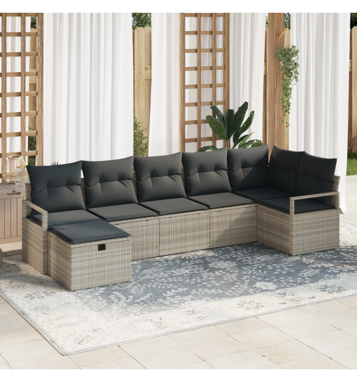Ensemble de canapé de jardin 7 pièces avec coussins gris clair en poly rattan | Mobilier & Déco