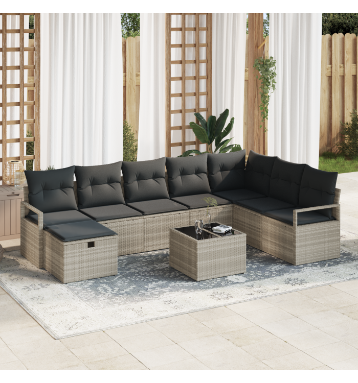 Ensemble de Canapé de Jardin de 9 Pièces avec Coussins en Rattan Poly Gris Clair | Mobilier & Déco