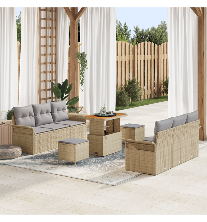 Ensemble de canapé de jardin 9 pièces avec coussins Beige Rotin | Mobilier & Déco