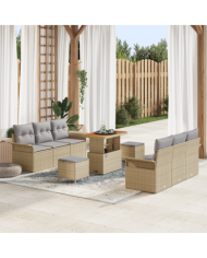 Ensemble de canapé de jardin 9 pièces avec coussins Beige Rotin | Mobilier & Déco