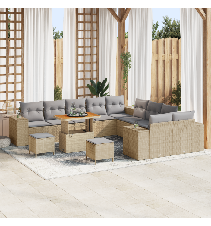 Ensemble de Canapé de Jardin 13 Pièces avec Coussins en Rattan Poly Beige Acacia | Mobilier & Déco