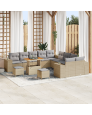 Ensemble de Canapé de Jardin 13 Pièces avec Coussins en Rattan Poly Beige Acacia | Mobilier & Déco