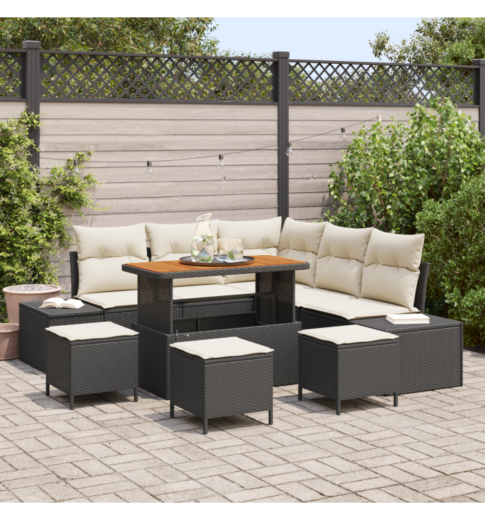 Canapé Jardin 9 Pièces avec Coussins Noir Poly Rattan Acacia | Mobilier & Déco