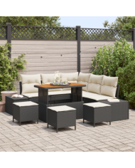 Canapé Jardin 9 Pièces avec Coussins Noir Poly Rattan Acacia | Mobilier & Déco