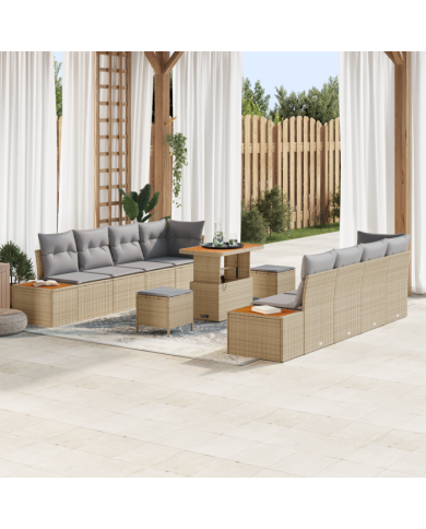 Ensemble de sofa de jardin 11 pièces avec coussins en beige poly rotin acacia | Mobilier & Déco