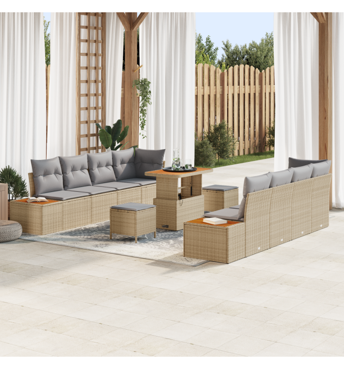 Ensemble de sofa de jardin 11 pièces avec coussins en beige poly rotin acacia | Mobilier & Déco