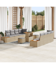 Ensemble de sofa de jardin 11 pièces avec coussins en beige poly rotin acacia | Mobilier & Déco