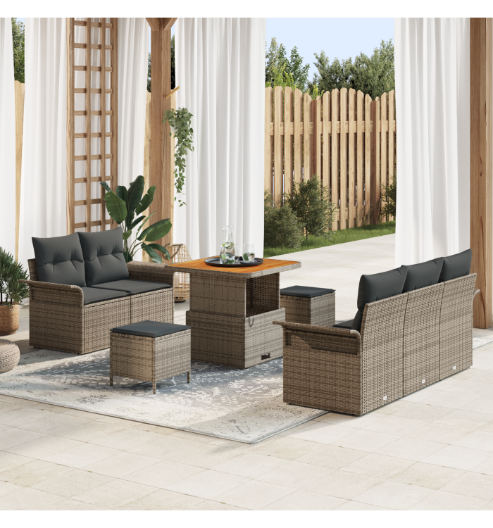 Ensemble de Canapé de Jardin 8 Pièces avec Coussins Gris Poly Rotin Acacia | Mobilier & Déco
