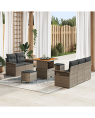 Ensemble de Canapé de Jardin 8 Pièces avec Coussins Gris Poly Rotin Acacia | Mobilier & Déco