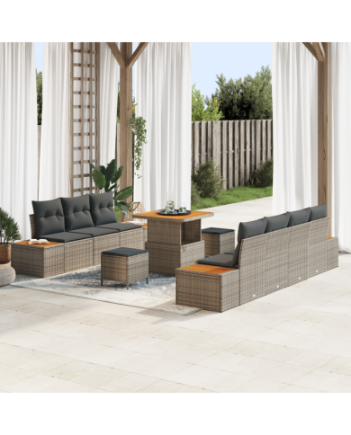 Ensemble de canapés de jardin de 10 pièces avec coussins gris poly rattan acacia | Mobilier & Déco