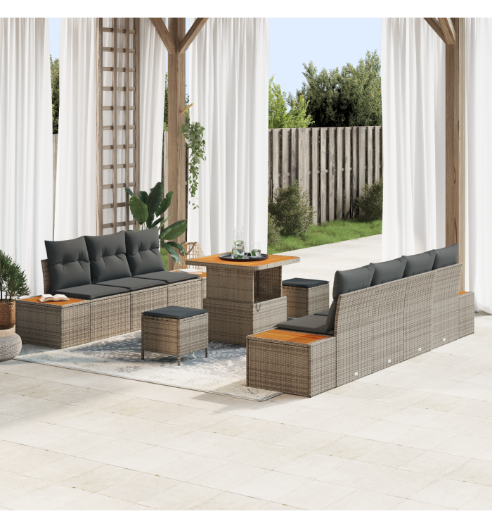 Ensemble de canapés de jardin de 10 pièces avec coussins gris poly rattan acacia | Mobilier & Déco