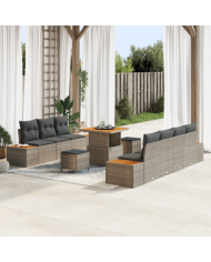 Ensemble de canapés de jardin de 10 pièces avec coussins gris poly rattan acacia | Mobilier & Déco