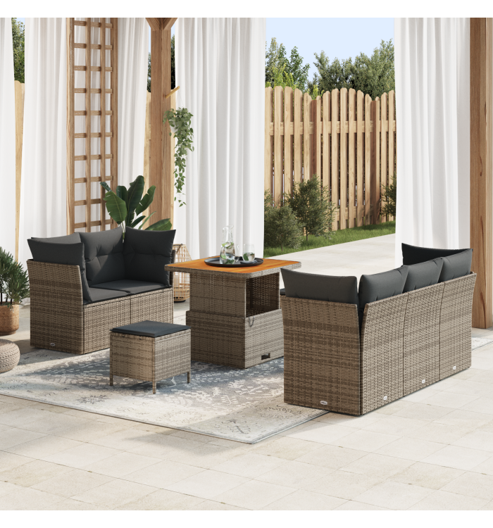 Ensemble de canapé jardin 8 pièces avec coussins gris poly rattan | Mobilier & Déco