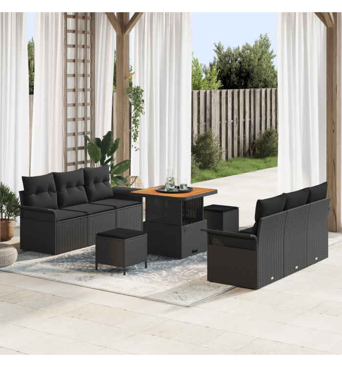 Ensemble de canapé de jardin 9 pièces avec coussins noir poly rattan acacia | Mobilier & Déco