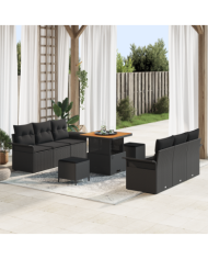 Ensemble de canapé de jardin 9 pièces avec coussins noir poly rattan acacia | Mobilier & Déco